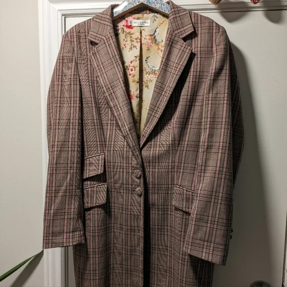 Della Spiga Weekend long blazer jacket top size 12 color checkered brown… - Picture 1 of 7